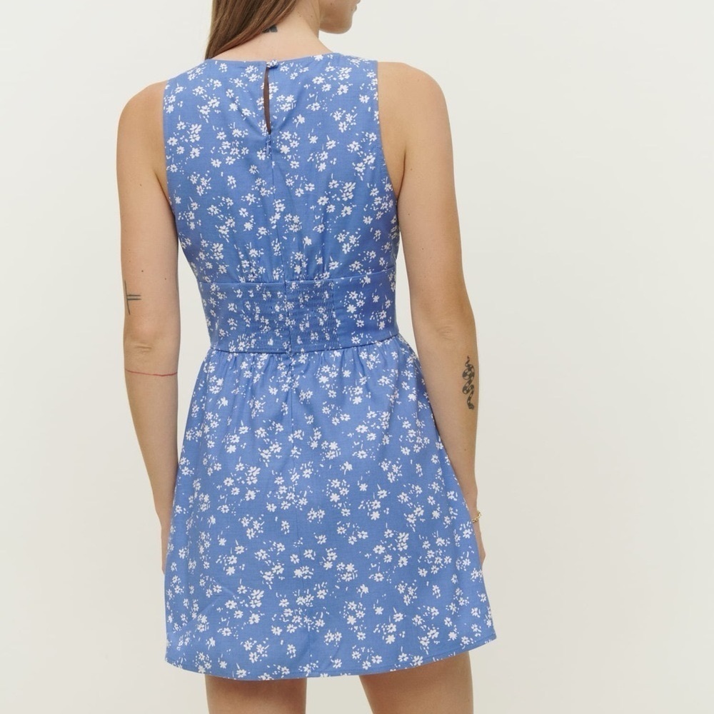 Reformation Isador Cotton Floral Button V Neck A Line Mini Dress Lassen Blue - Picture 3 of 10